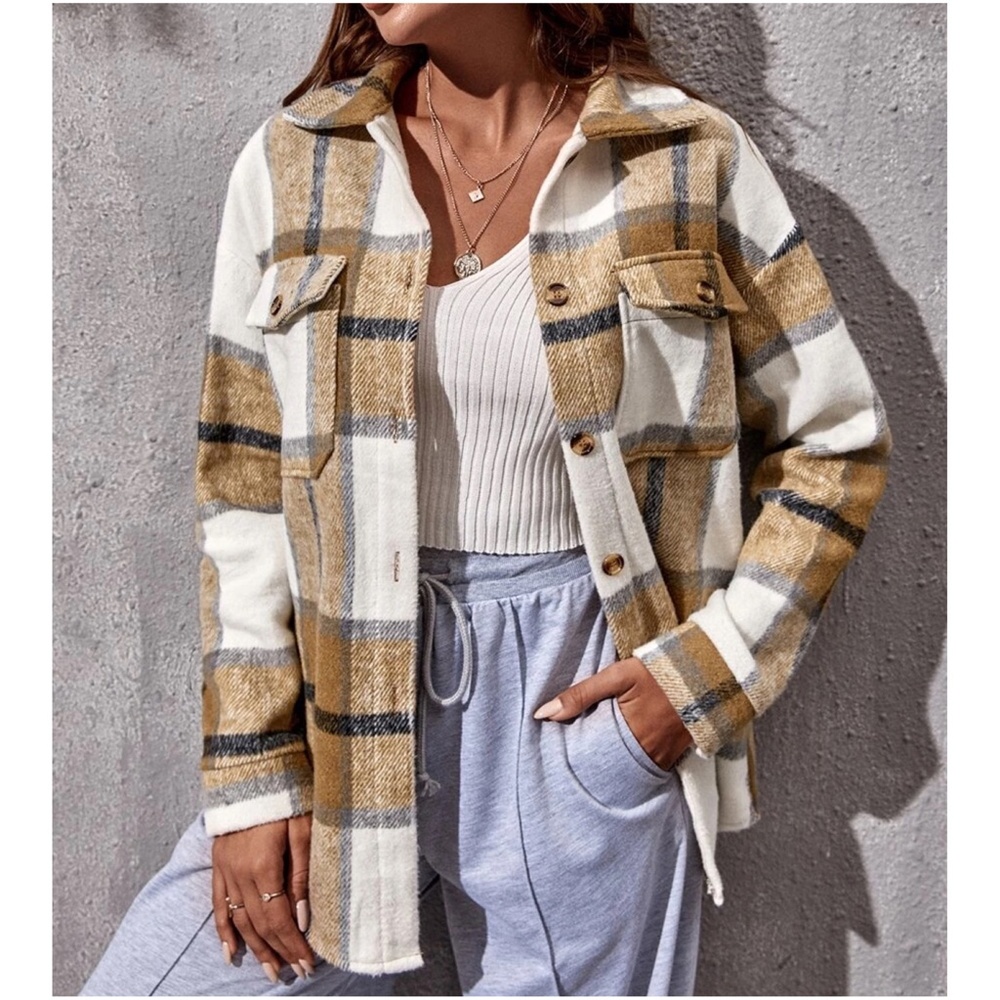 Cozy Plaid Pocket Button Down Oversized Jacket Shacket - Picture 4 of 9